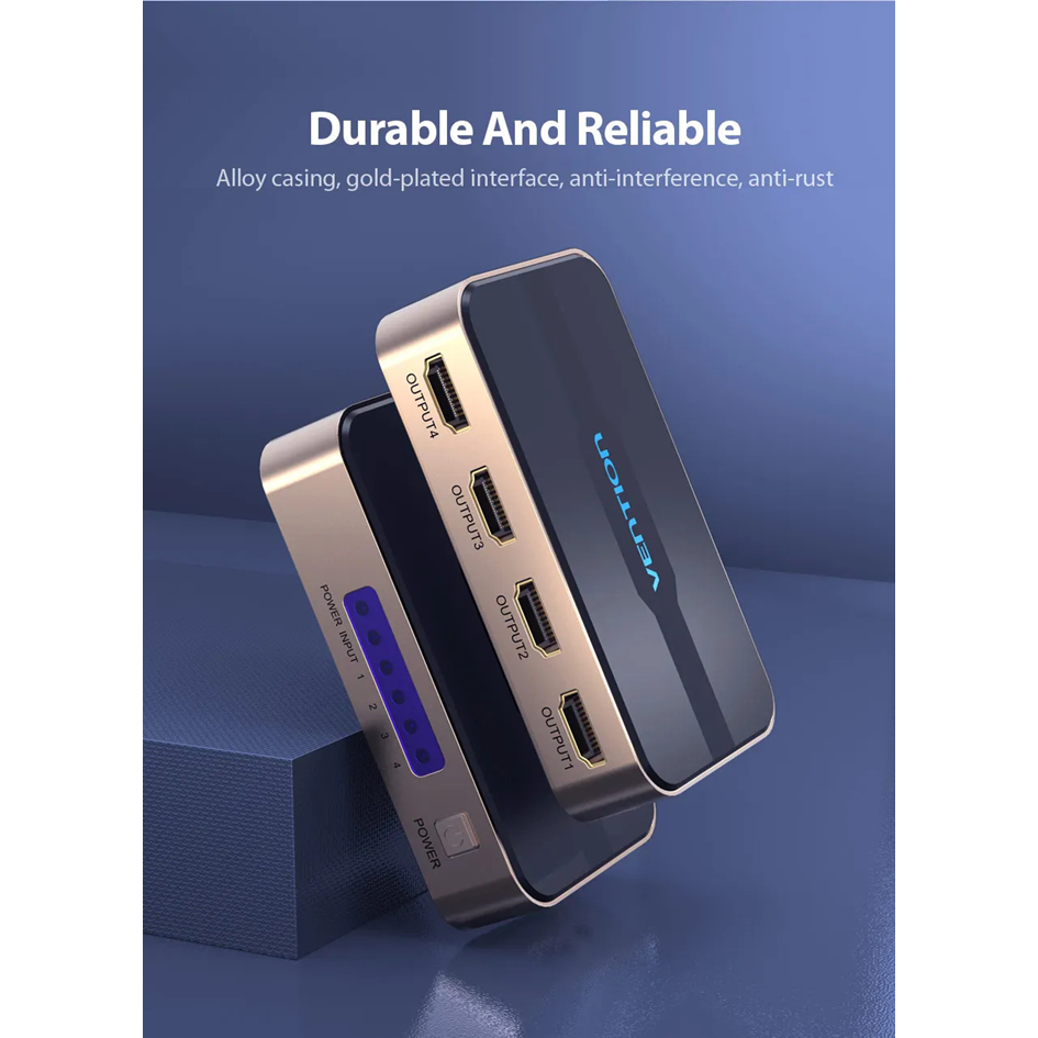 Vention HDMI 1x4 Splitter 1 In 4 Out HD 4K/30Hz 3D Vision Audiovisual Sync HDMI Port Hub With Power Supply | ACCG0