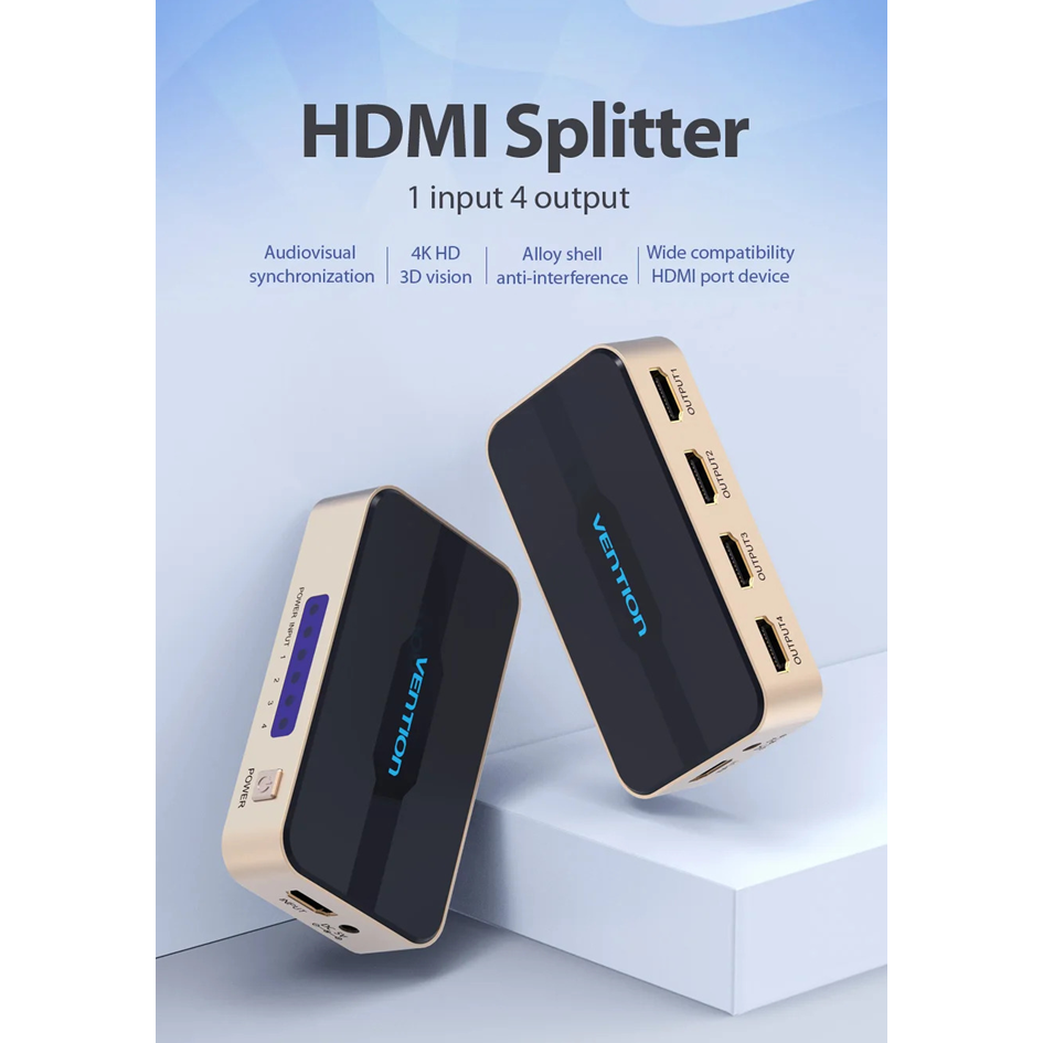 Vention HDMI 1x4 Splitter 1 In 4 Out HD 4K/30Hz 3D Vision Audiovisual Sync HDMI Port Hub With Power Supply | ACCG0