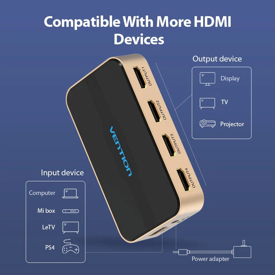 Vention HDMI 1x4 Splitter 1 In 4 Out HD 4K/30Hz 3D Vision Audiovisual Sync HDMI Port Hub With Power Supply | ACCG0