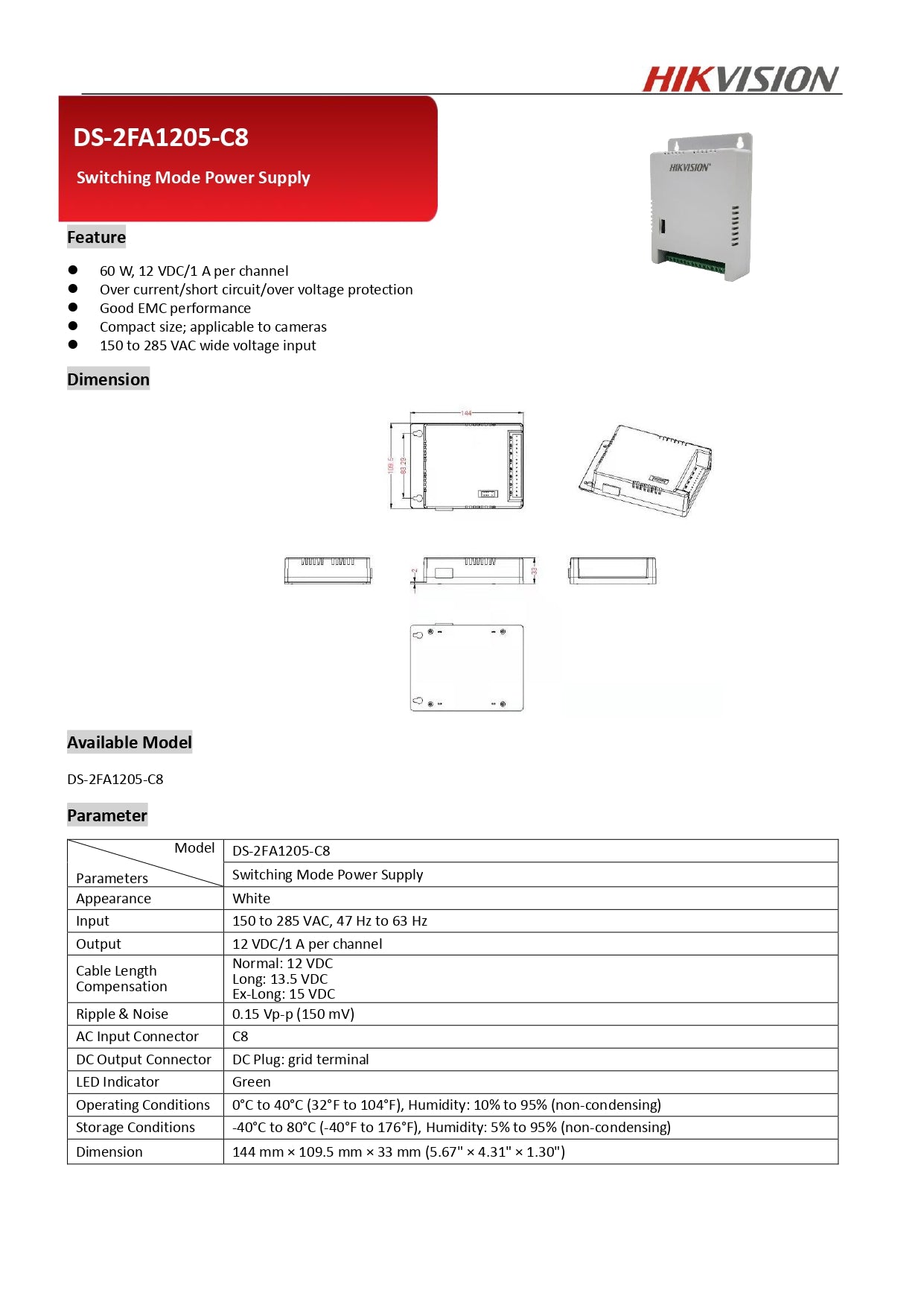 Hikvision 4CH/8CH CCTV Centralized Power Supply 12V 1A Channel Output Switching Mode Power Supply, Compact Size, Over Current/Short Circuit/Over Voltage Protection 8CH | 4CH Centralized Power Supply DS-2FA1205-C8 / DS-2FA1225-C4