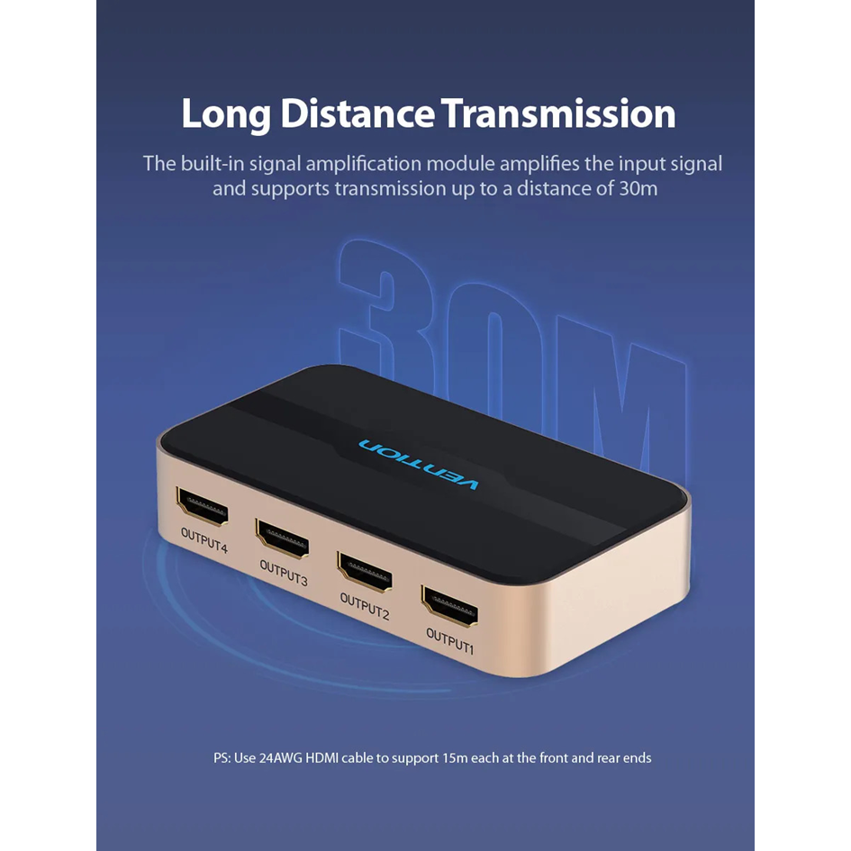 Vention HDMI 1x4 Splitter 1 In 4 Out HD 4K/30Hz 3D Vision Audiovisual Sync HDMI Port Hub With Power Supply | ACCG0